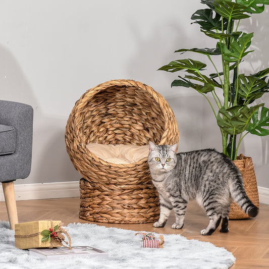 Handwoven Elevated Cat Bed with Soft Cushion & Egg Chair Shape, Basket Bed Kitty House with Stand, Raised Wicker House f