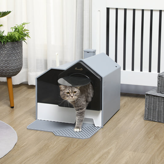 Hooded Cat Litter Box w/ Litter Mat, Litter Particle Catching, Gray