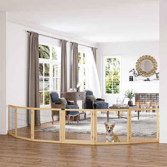 Wooden Pet Gate, 6-Panel Folding Dog Safety Barrier with Support Feet for Small & Medium Dogs, Natural Wood
