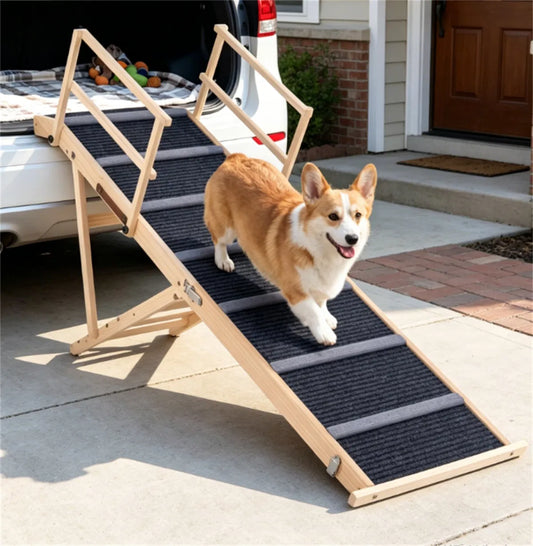 6-Level Adjustable Foldable Pet Ramp , Solid Pine Wood Non-Slip Dog Stairs with Side Rails, 145 lbs Heavy Duty Pet Step 
