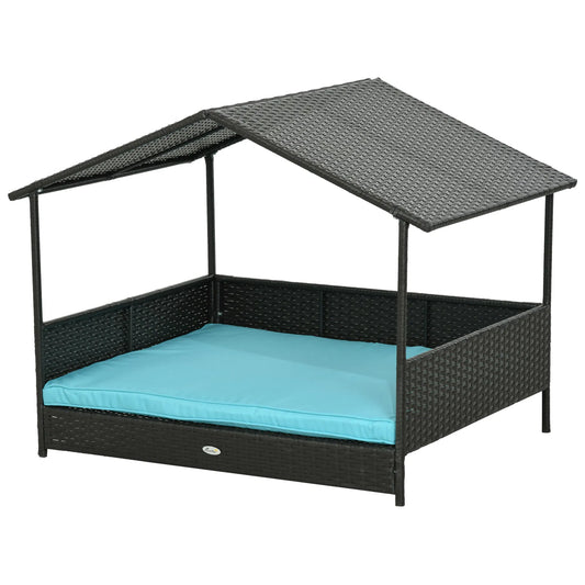 Outdoor Dog House Wicker Dog Bed with Soft Cushion Washable Cover, for Medium Large Dogs Indoor Outdoor, Blue