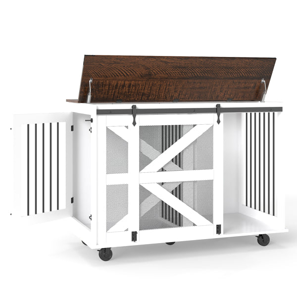 47.2" Mobile Dog Crate With Flip-Top Feeding Door, Dual-Access & 5 Caster System (2 Locking), Side Hooks - Multi-Functio