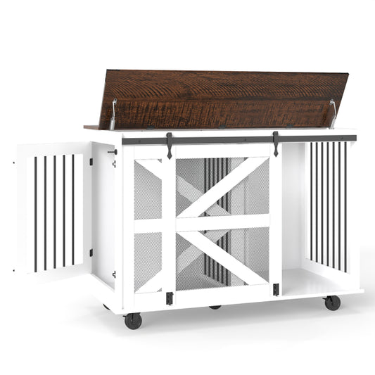 47.2" Mobile Dog Crate With Flip-Top Feeding Door, Dual-Access & 5 Caster System (2 Locking), Side Hooks - Multi-Functio