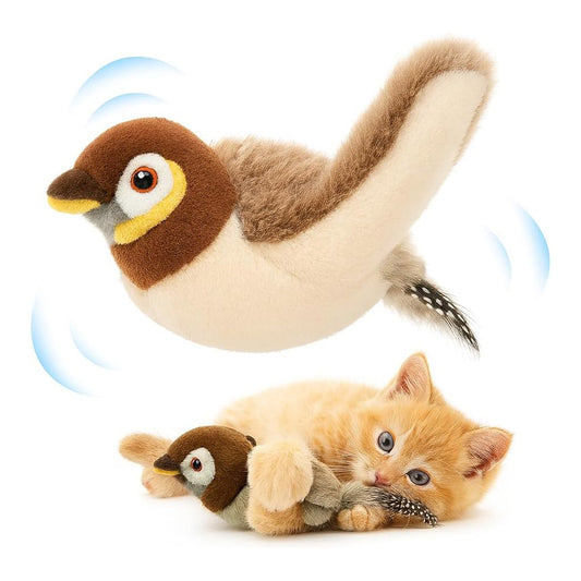 USB Rechargeable Flapping Bird Cat Toy, Realistic Chirping White Faced Sparrow Plush Toy, Motion Activated Electronic In