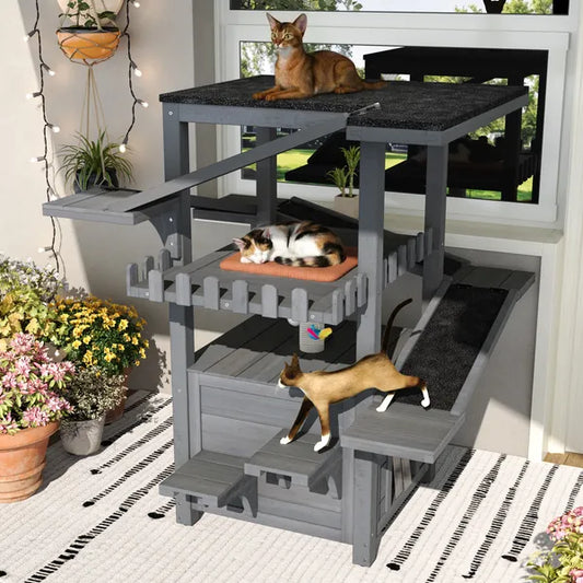 4 Tiers Outdoor Cat House Weatherproof Cat Tree Tower With Waterproof Roof And 2 Doors , Feral Cat Shelter Outside Enclo