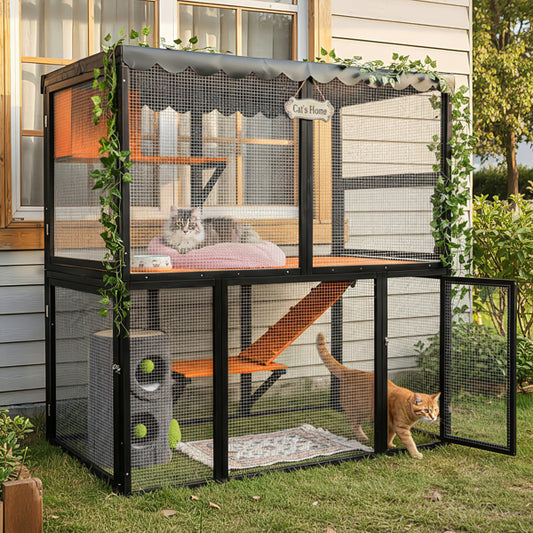 Wooden Catio Outdoor Cat Enclosure Large Cat House For Mulitiple Cats Walk ,Indoor 4 Tier Cat Enclosures House , Outdoor