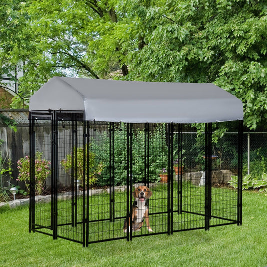 Outdoor Dog Kennel with Roof, 8 x 4 x 6 Heavy Duty Welded Wire Dog Playpen Enclosure with Escape-proof Lock, UV-Resistan