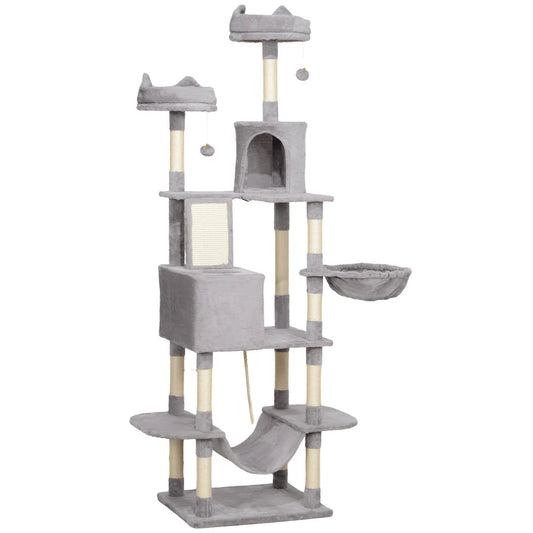 81" Large Cat Tree w/ Scratching Posts, Condos, Beds, Hammocks, Jumping Platforms, Toy Balls, Rope Cat Toy, Light Grey
