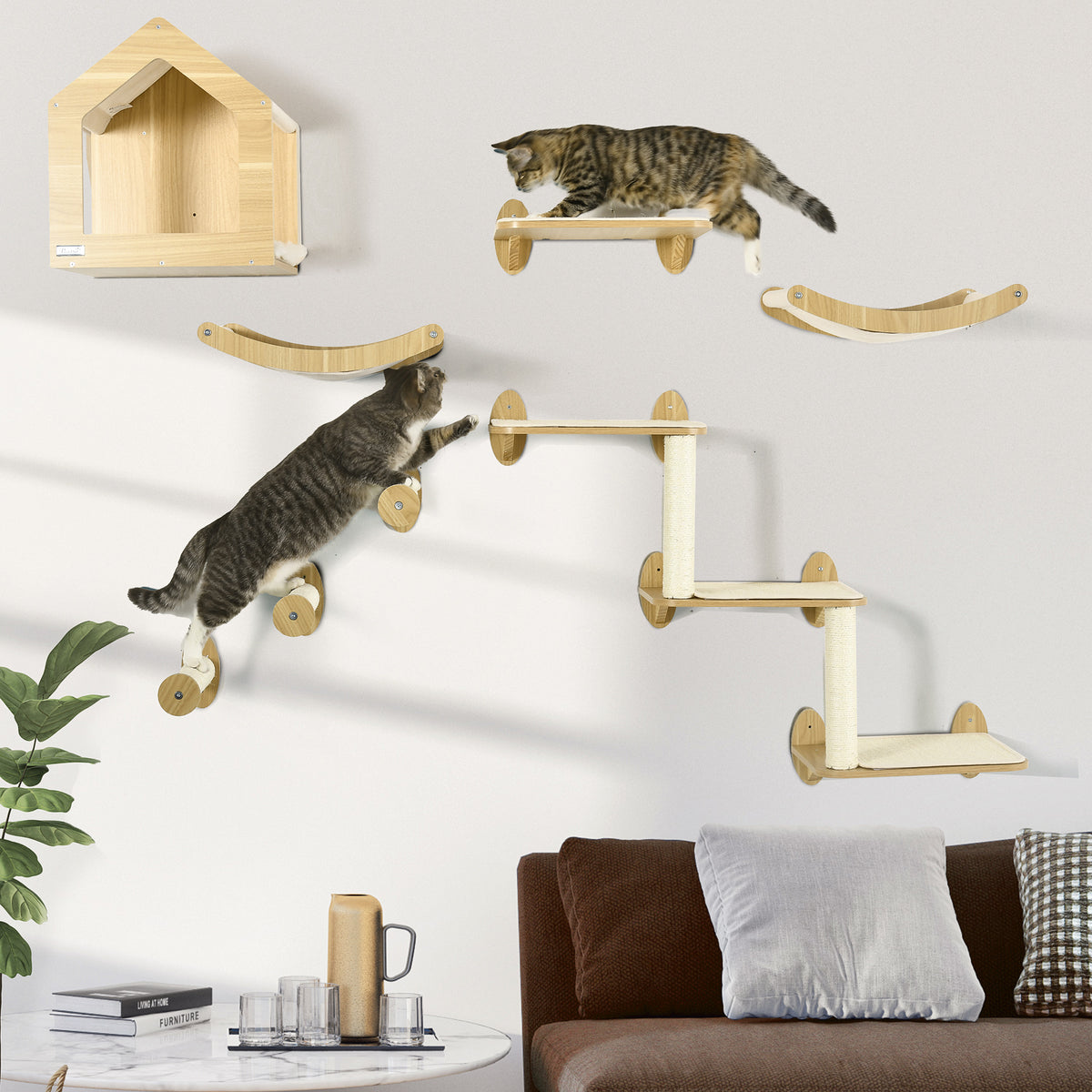 8PCs Cat Wall Shelves Pet Wall-mounted Climbing Shelf Set with Cushion Condo Scratching Posts Hammock Oak