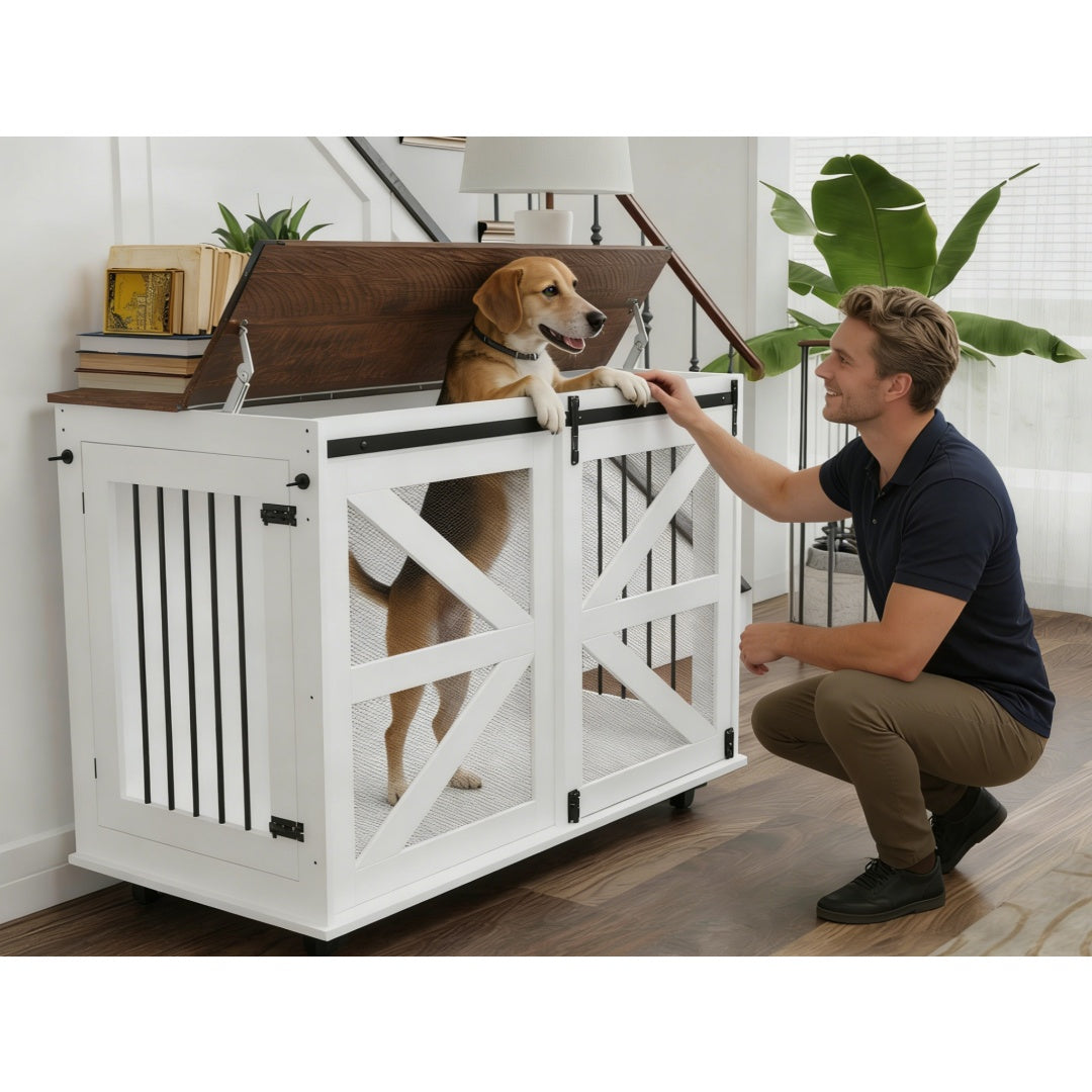 47.2 Mobile Dog Crate With Flip-Top Feeding Door, Dual-Access & 5 Caster System 2 Locking, Side Hooks - Multi-Functional
