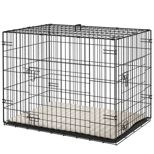 30" Dog Crate with 2 Doors, Folding Metal Dog Cage with Soft Cushion, Removable Tray, Handle, for Small Dogs, Black