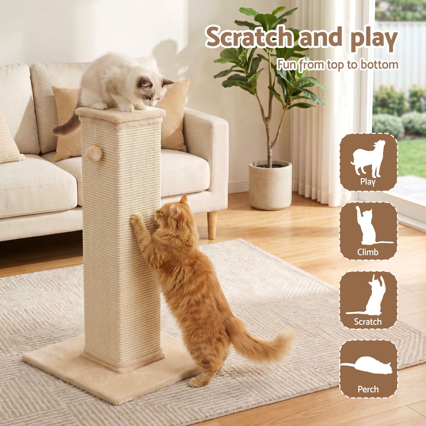 i.Pet 89cm Cat Tree Scratching Post Tower | Wood Condo Bed | Beige