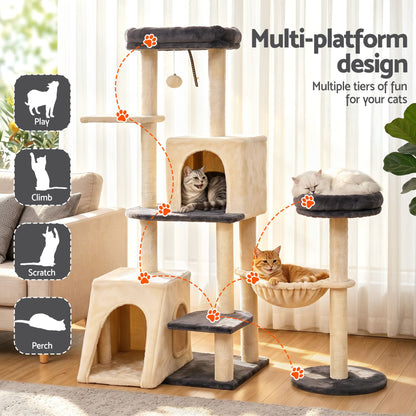 i.Pet 133cm L-Shape Cat Tree Tower | Grey & Beige