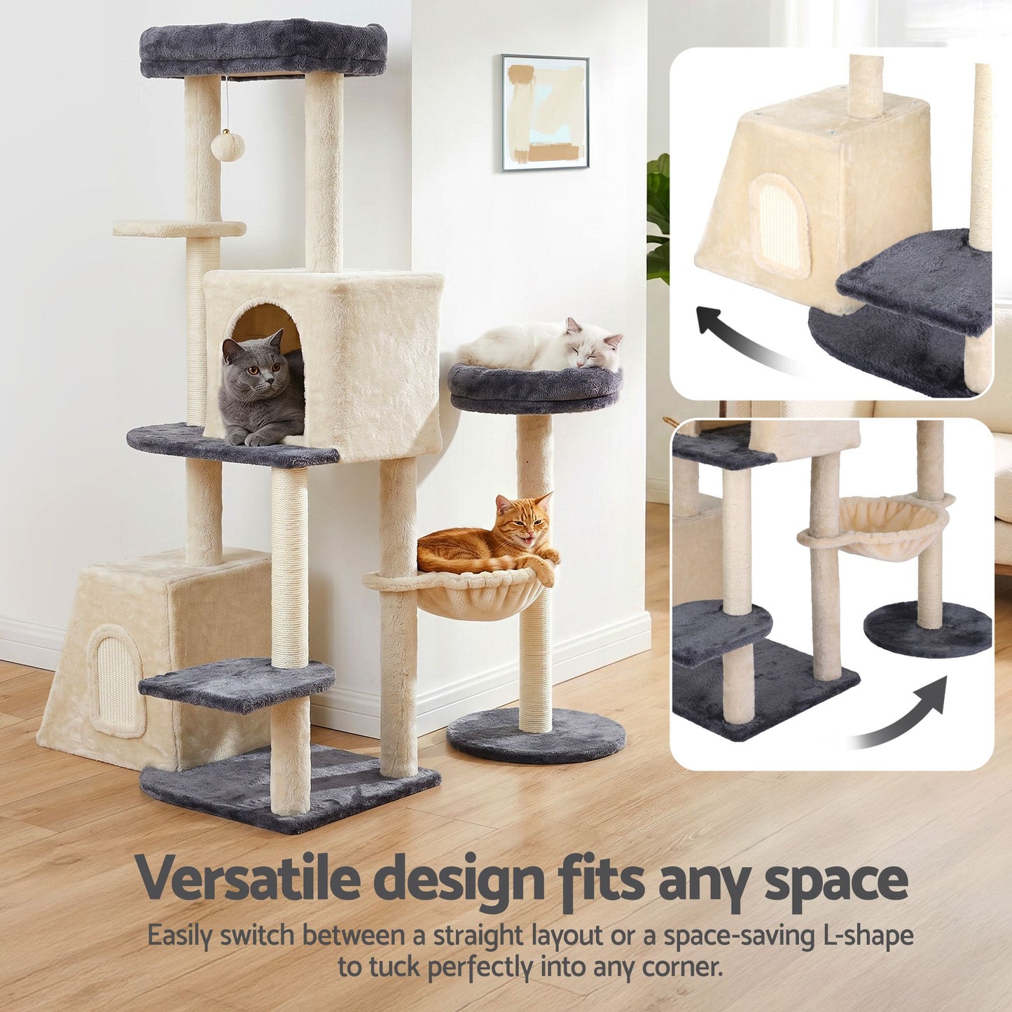 i.Pet 133cm L-Shape Cat Tree Tower | Grey & Beige