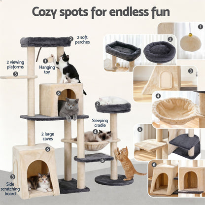 i.Pet 133cm L-Shape Cat Tree Tower | Grey & Beige