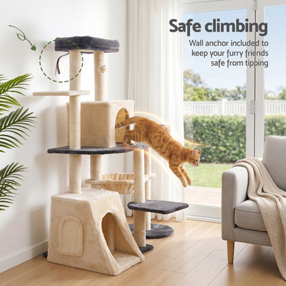 i.Pet 133cm L-Shape Cat Tree Tower | Grey & Beige