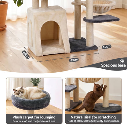 i.Pet 133cm L-Shape Cat Tree Tower | Grey & Beige