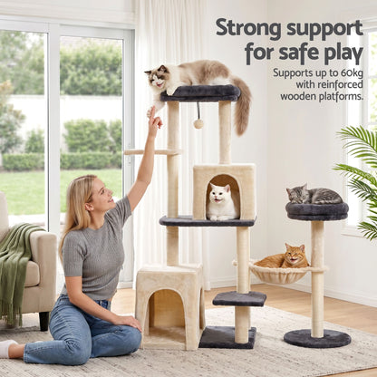 i.Pet 133cm L-Shape Cat Tree Tower | Grey & Beige