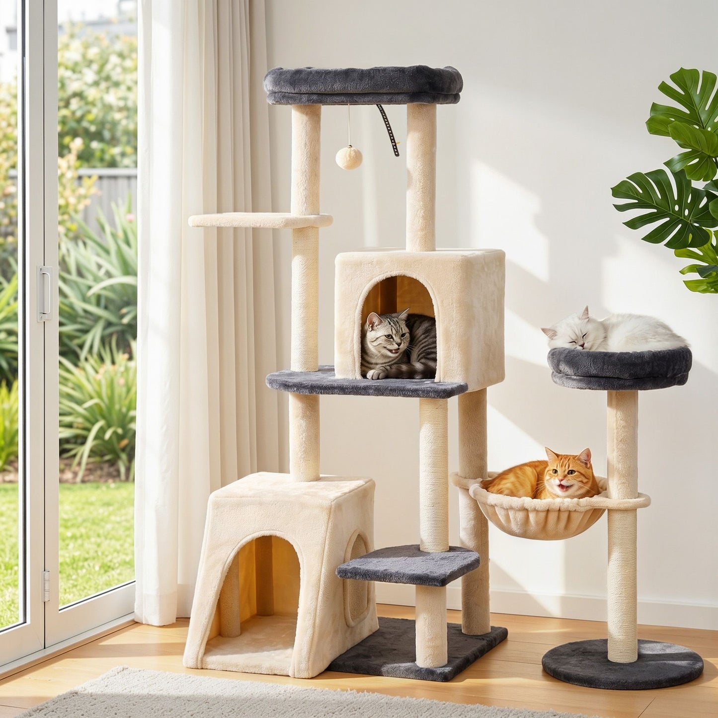 i.Pet 133cm L-Shape Cat Tree Tower | Grey & Beige