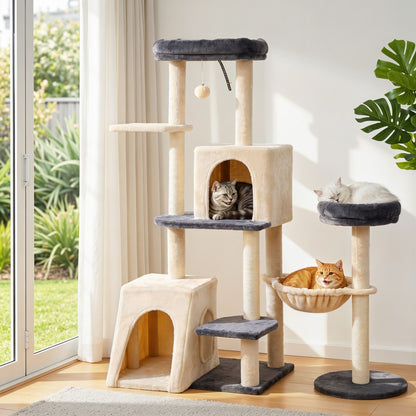 i.Pet 133cm L-Shape Cat Tree Tower | Grey & Beige