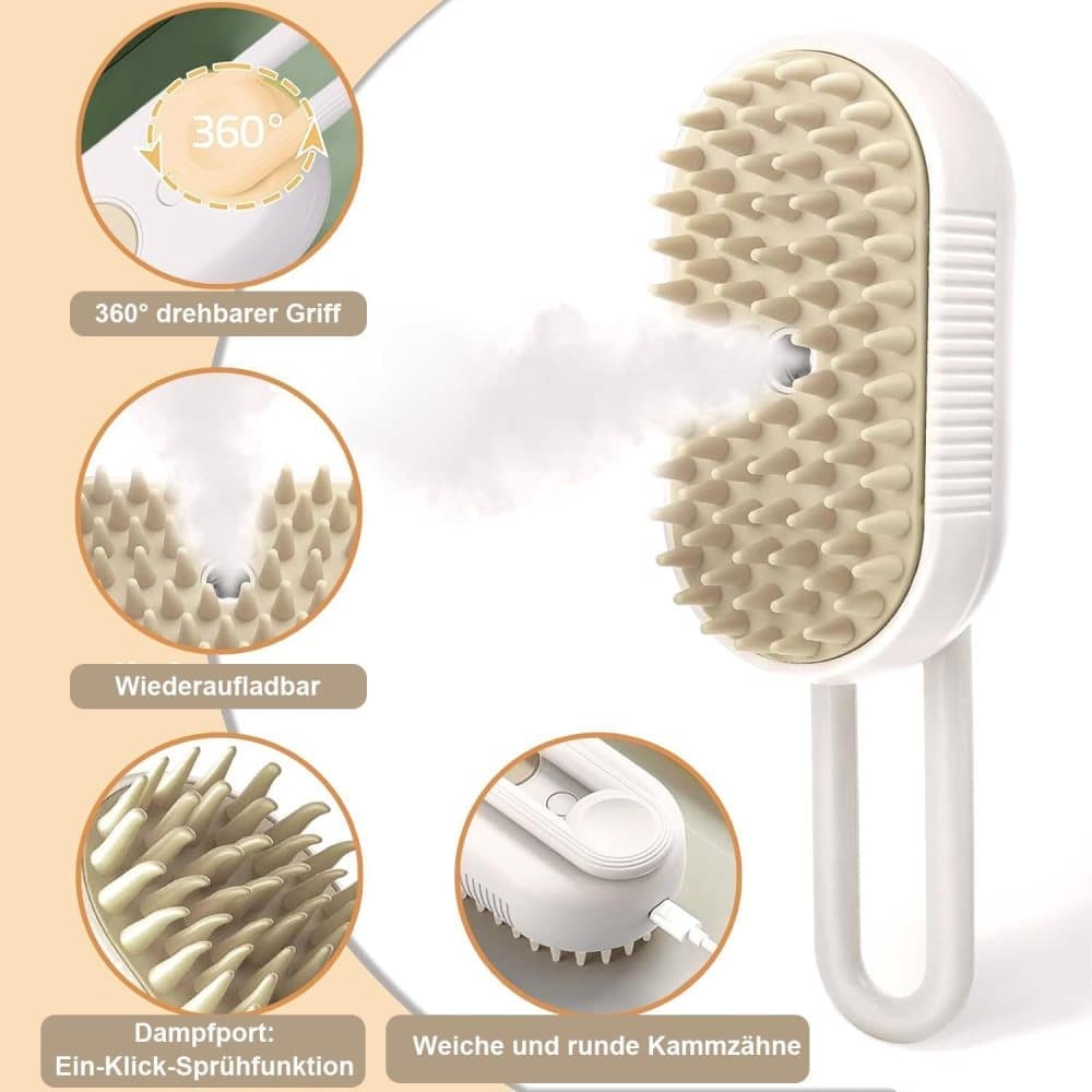 White Pet Steam Brush with Spray | Grooming Massage Comb | Dogs & Cats