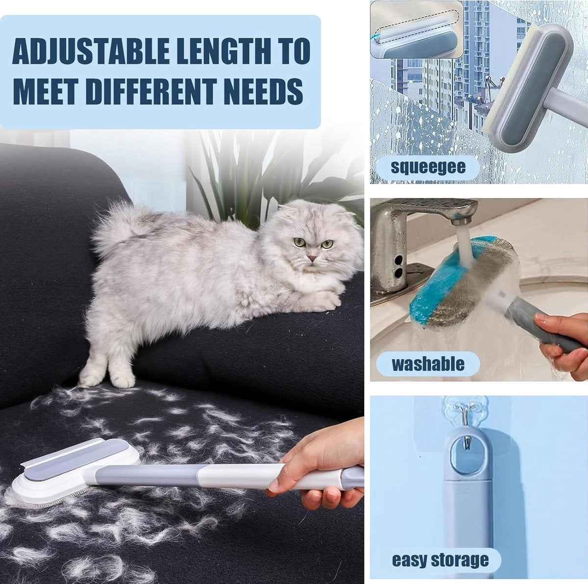 Pet Hair Remover 4-in-1 | 45x18cm Long Handle | Reusable | Dogs & Cats