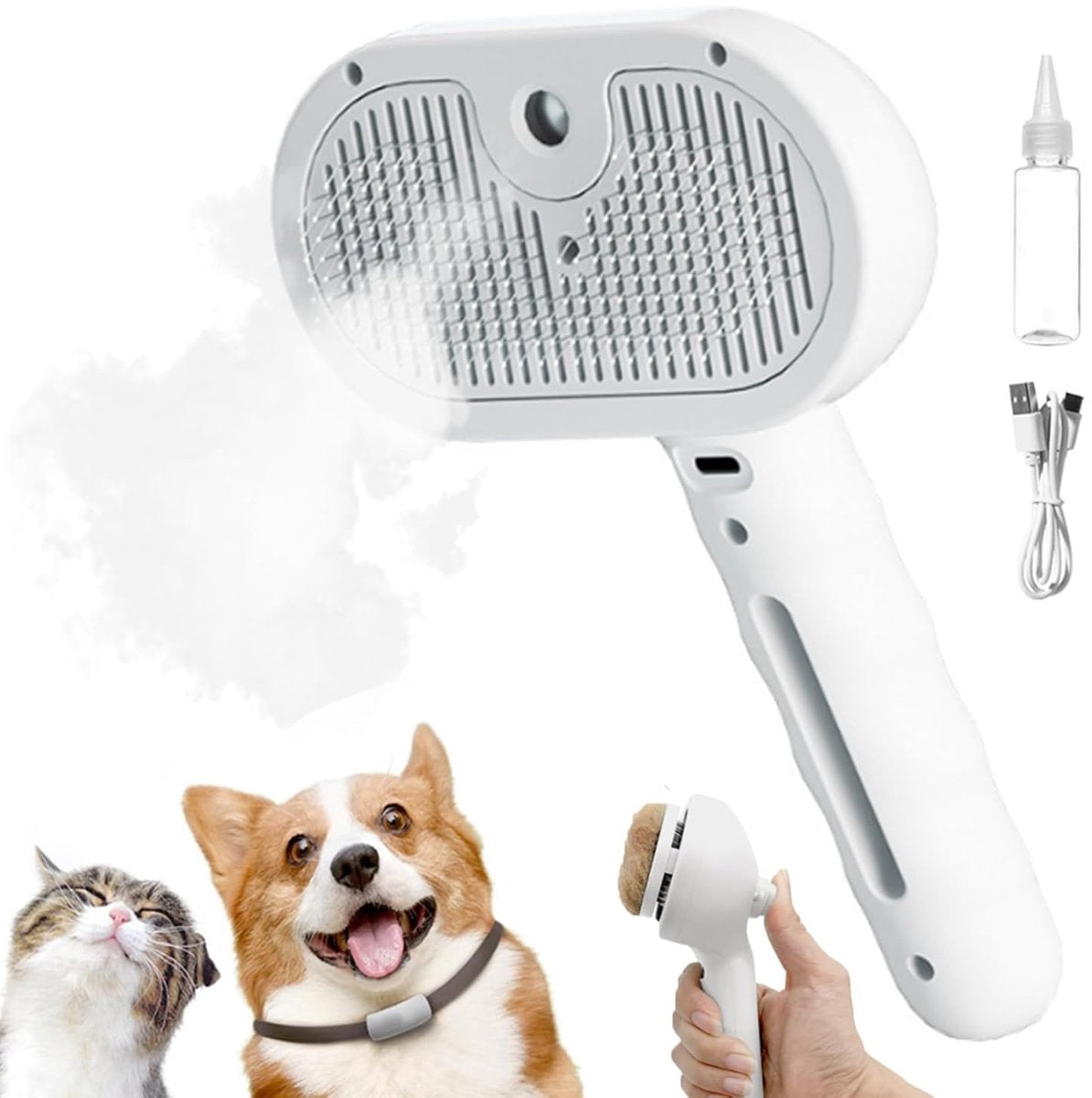 White 3-in-1 Pet Steam Brush & Spray Shedding Comb | Dog & Cat