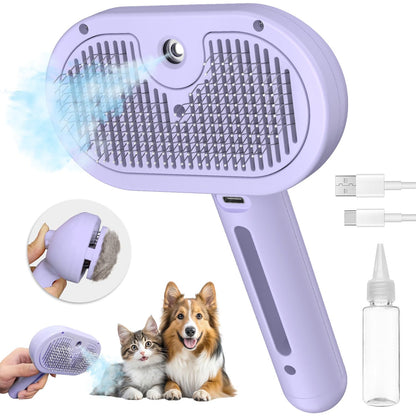 Purple 3-in-1 Self-Cleaning Pet Steam Brush | Anti-Static