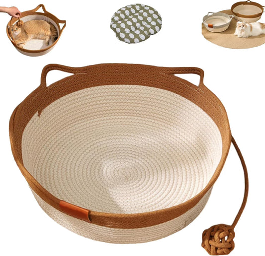 Cotton Rope Woven Cat Bed Basket | Built-in Teasing Ball | Small