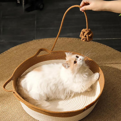 Cotton Rope Woven Cat Bed Basket | Built-in Teasing Ball | Small