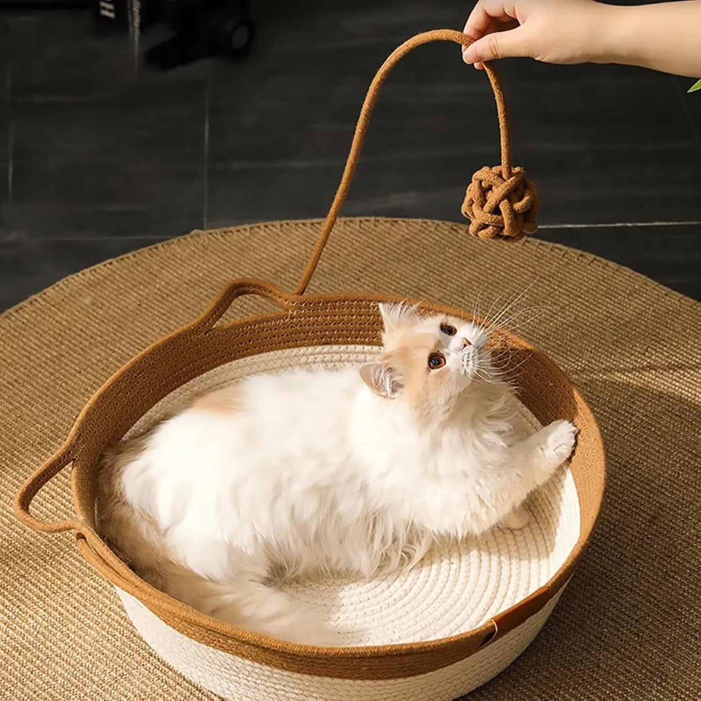 Cotton Rope Woven Cat Bed Basket | Built-in Teasing Ball | Medium