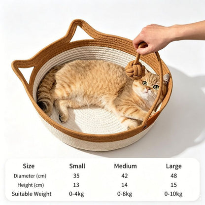 Cotton Rope Woven Cat Bed Basket | Built-in Teasing Ball | Medium