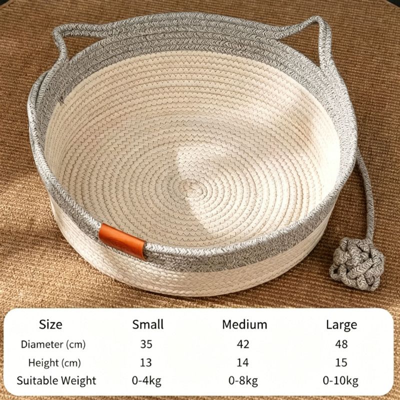 Cotton Rope Woven Cat Bed Basket | Built-in Teasing Ball | Small | Gray