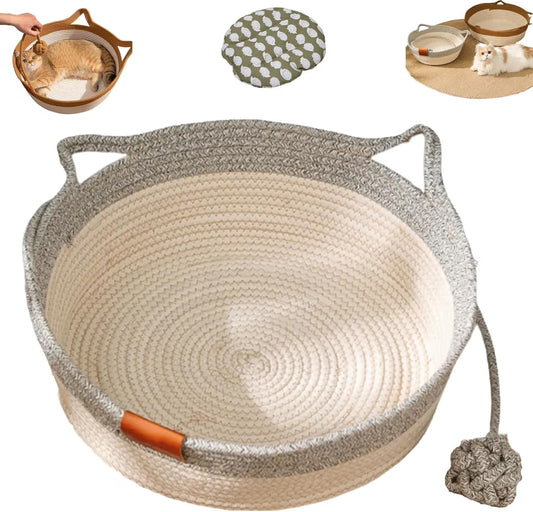 Cotton Rope Woven Cat Bed Basket | Built-in Teasing Ball | Medium | Gray