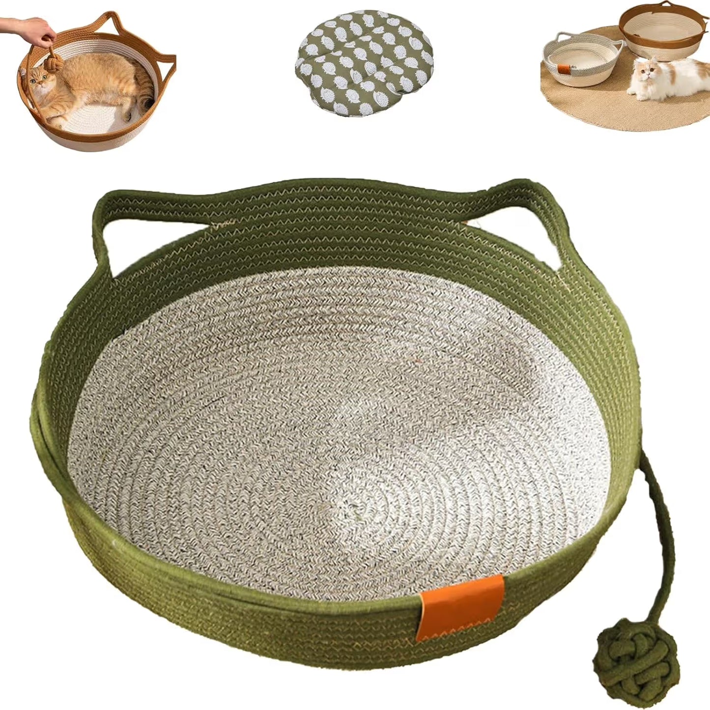 Cotton Rope Woven Cat Bed Basket | Built-in Teasing Ball | Medium | Green