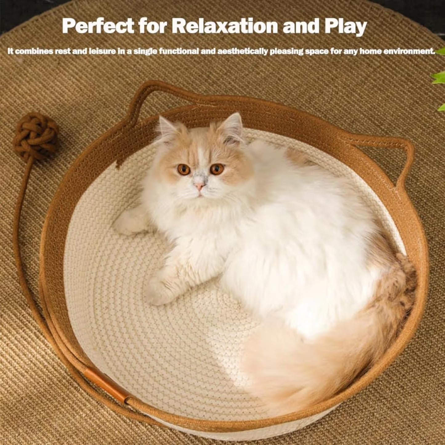 Cotton Rope Woven Cat Bed Basket | Built-in Teasing Ball | Medium | Green
