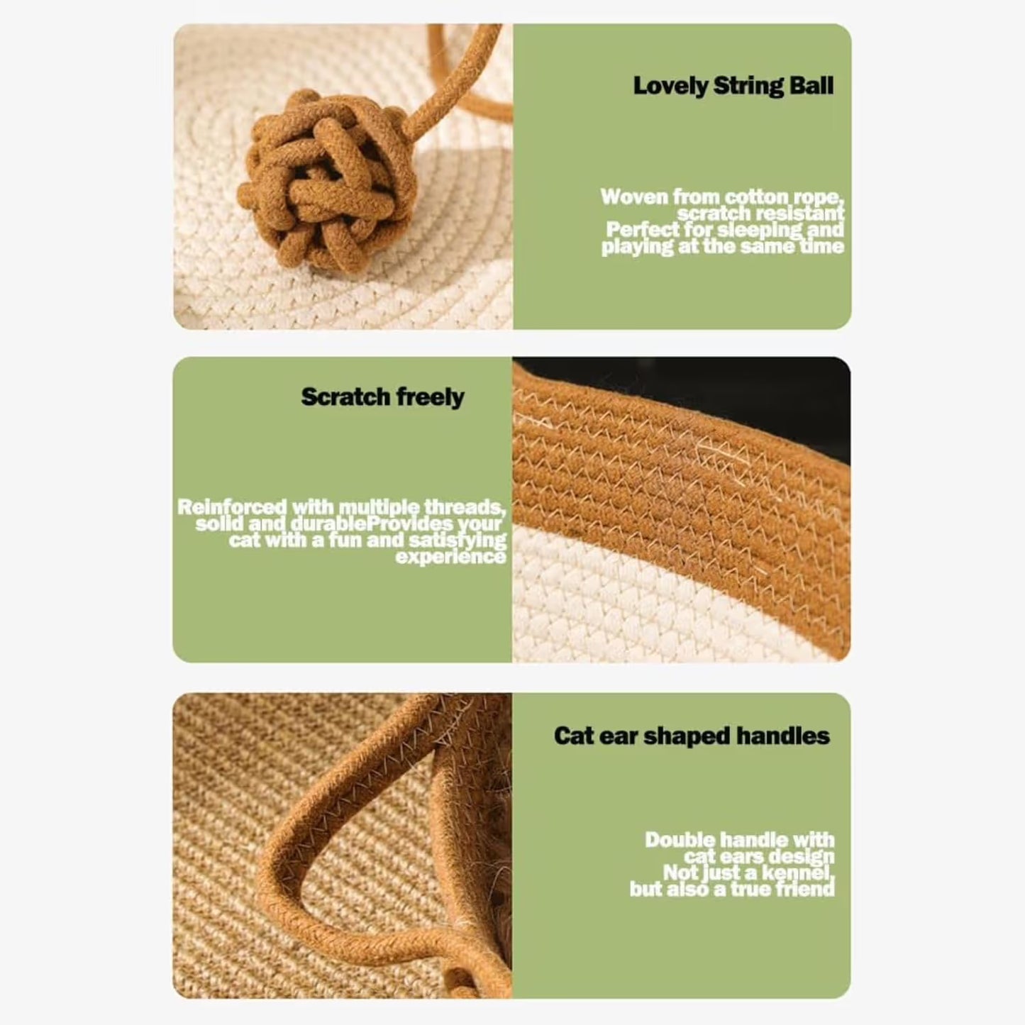 Cotton Rope Woven Cat Bed Basket | Built-in Teasing Ball | Medium | Green