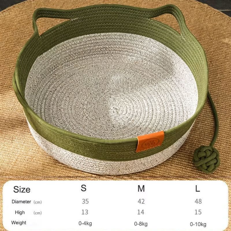 Cotton Rope Woven Cat Bed Basket | Built-in Teasing Ball | Medium | Green