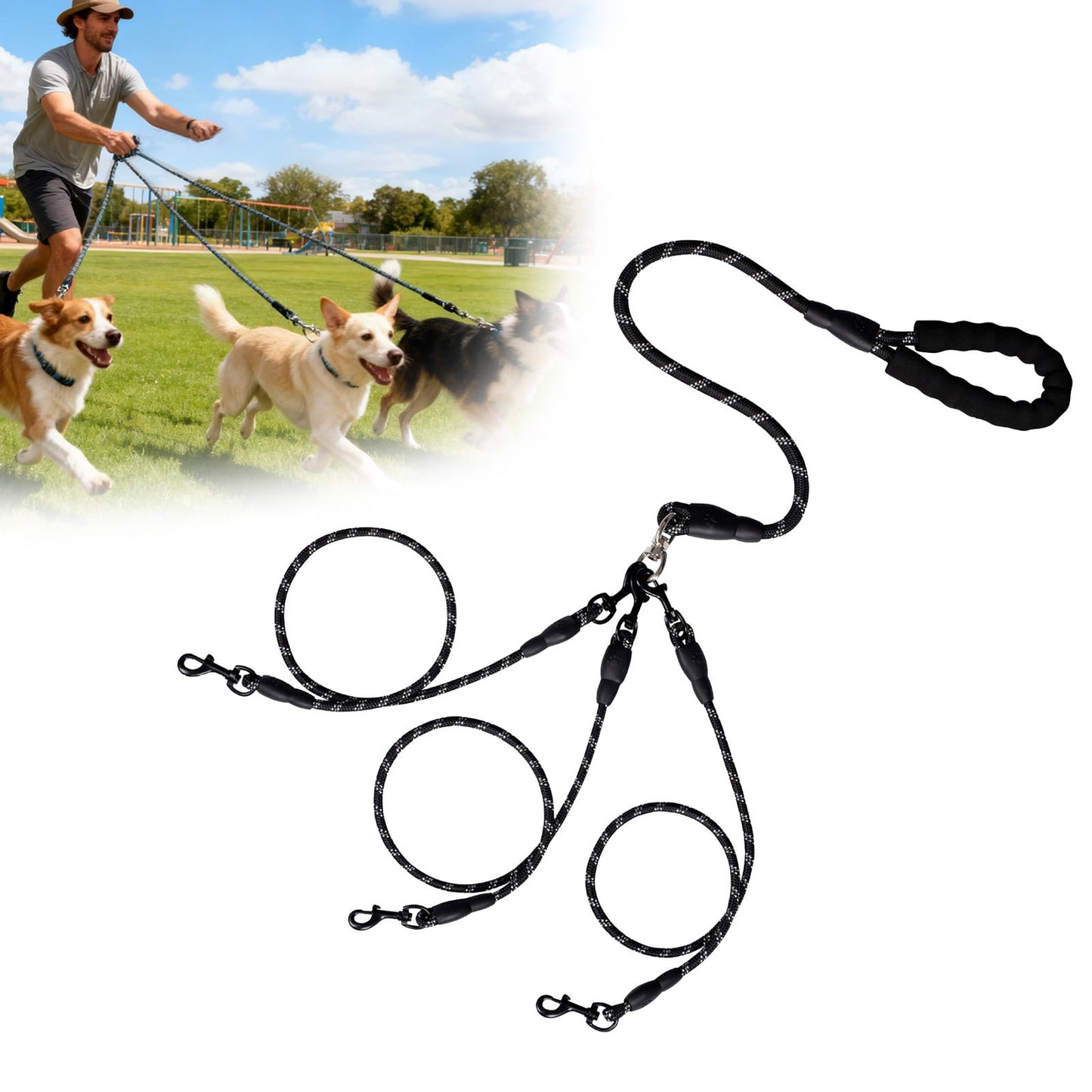 No-Tangle 3-Dog Bungee Leash | Heavy Duty | Reflective | Absorbing (4)