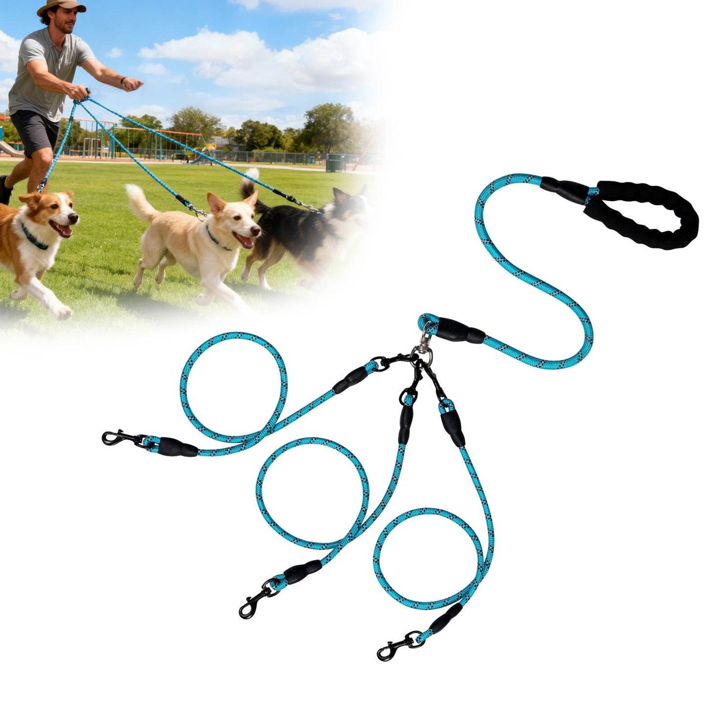 No-Tangle 3-Dog Bungee Leash | Heavy Duty | Reflective | Absorbing (3)