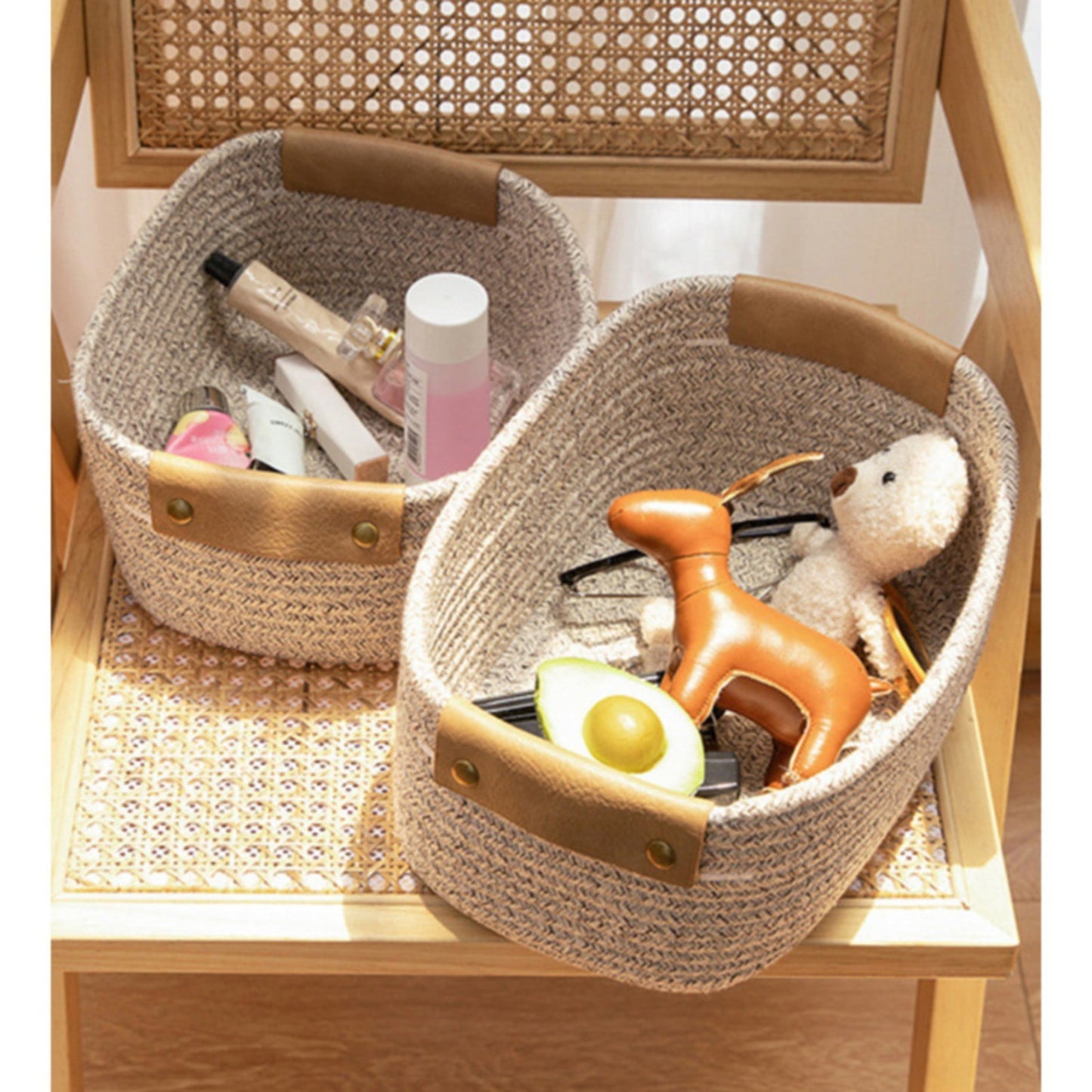Cotton Rope Pet Basket with Leather Handles | 11 Inch Coffee