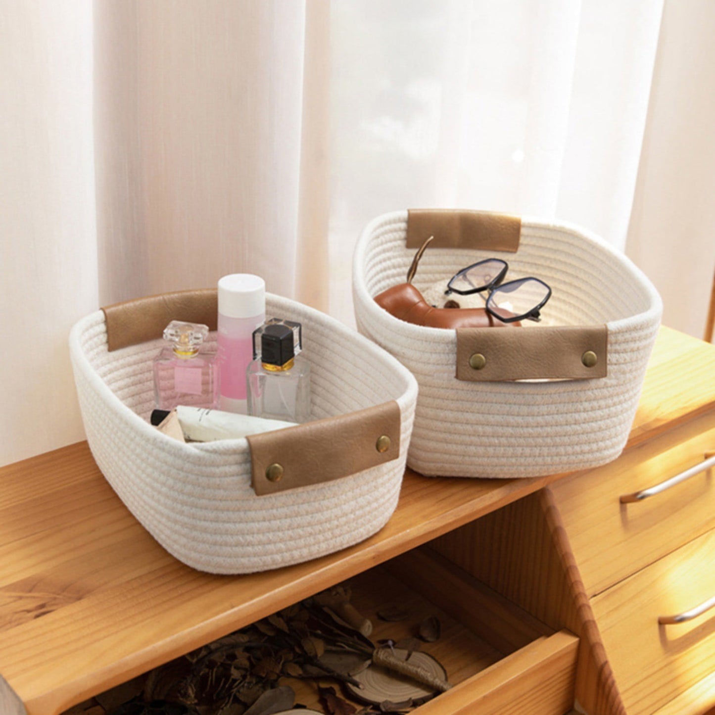 Cat Ears Pet Toy Organizer Basket | Woven Cotton Rope | Coffee