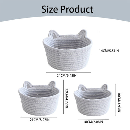 Cat Ears Pet Toy Organizer Basket | Woven Cotton Rope | 7.8 Inch Grey