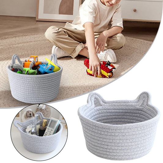 Cat Ears Pet Toy Organizer Basket | Woven Cotton Rope | 8.3 Inch Grey