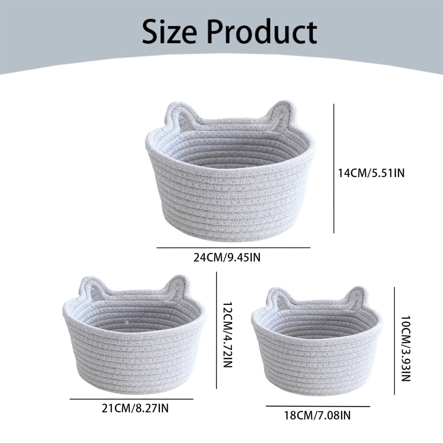 Cat Ears Pet Toy Organizer Basket | Woven Cotton Rope | 8.3 Inch Grey