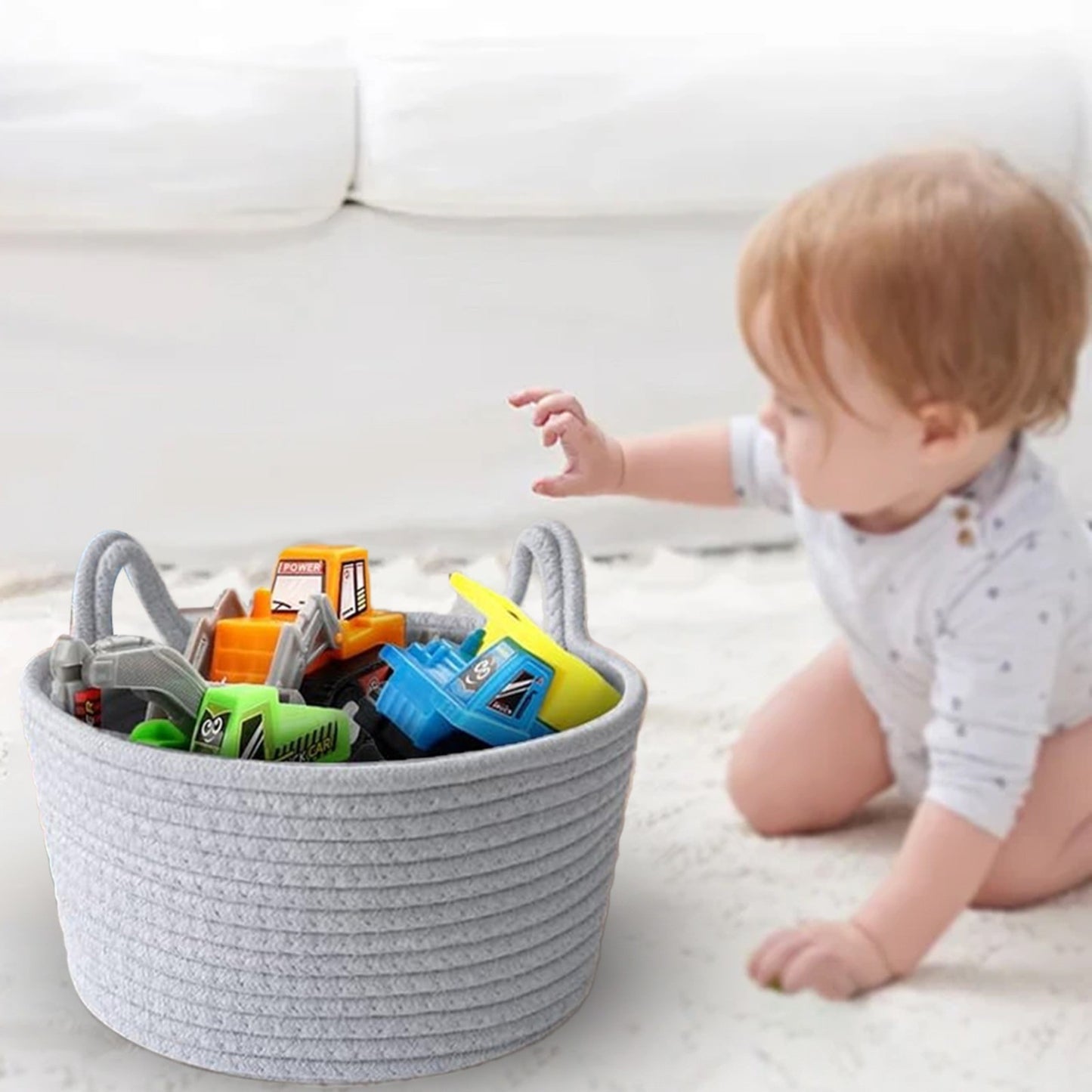 Cat Ears Pet Toy Organizer Basket | Woven Cotton Rope | 8.7 Inch Grey