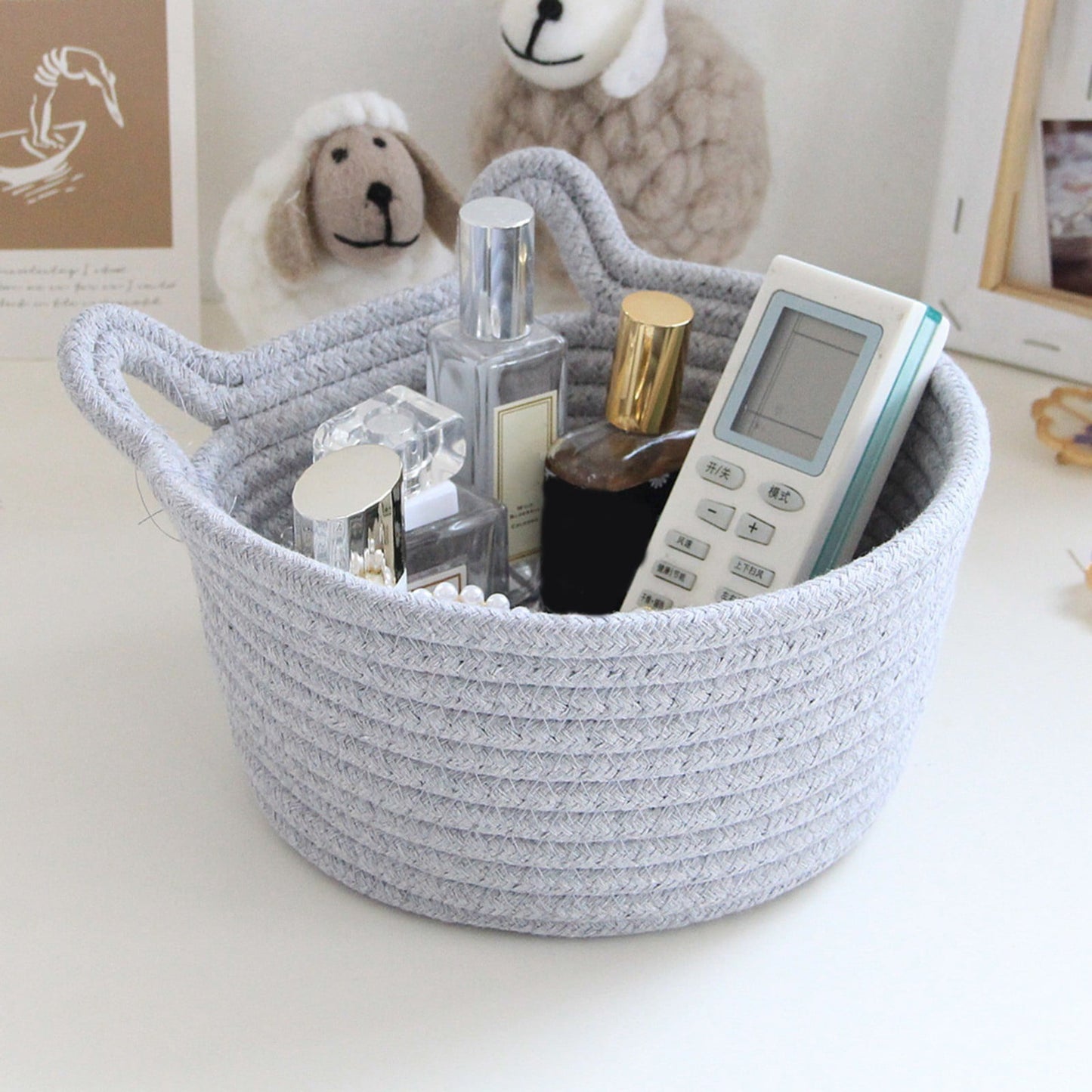 Cat Ears Pet Toy Organizer Basket | Woven Cotton Rope | 13 Inch Grey