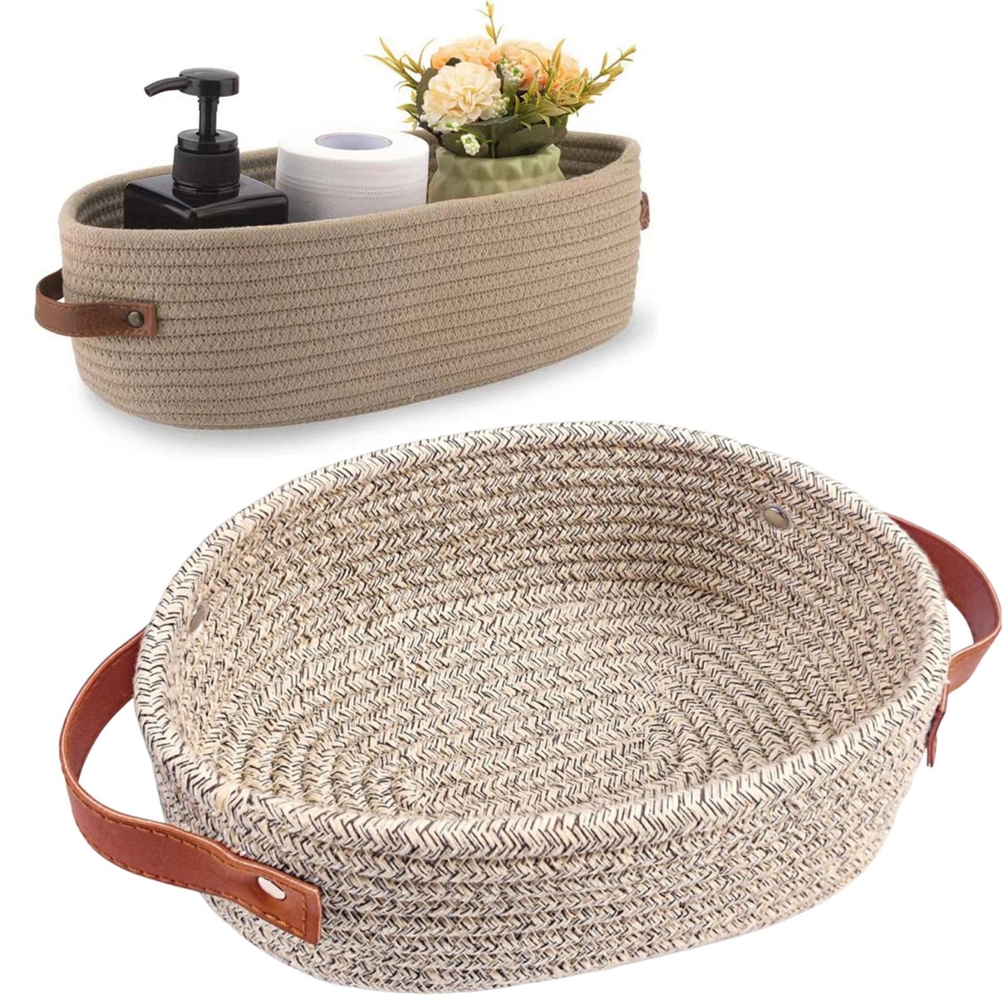Cat Ears Pet Toy Organizer Basket | Woven Cotton Rope | 13 Inch Khaki