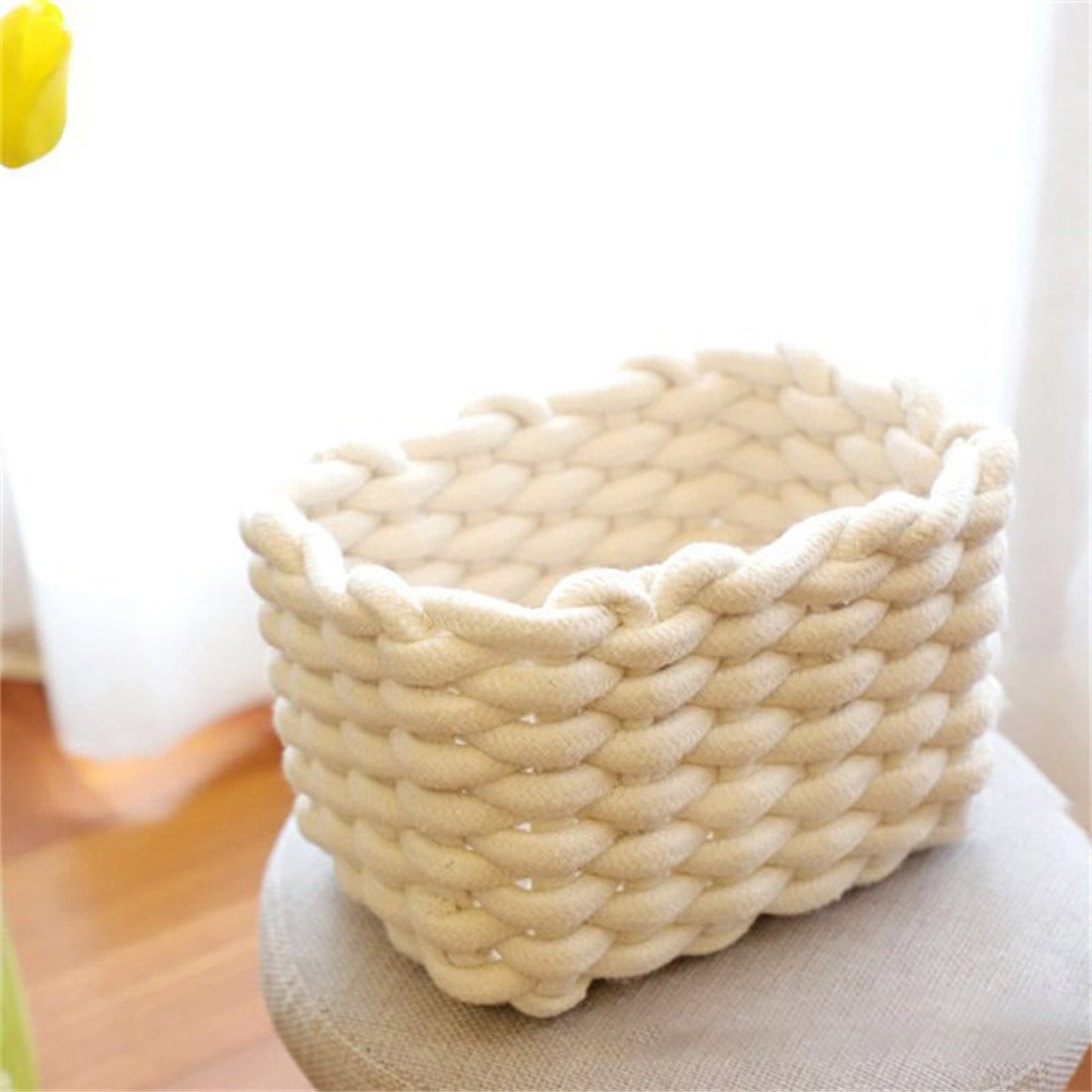 Cat Ears Pet Toy Organizer Basket | Woven Cotton Rope | Yellow