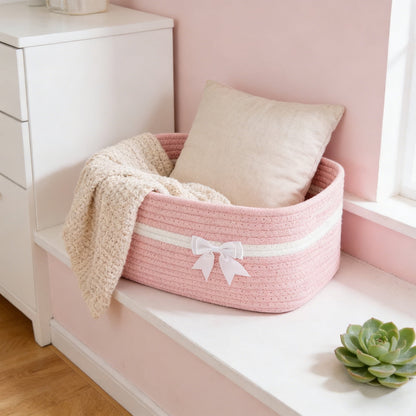 Large Woven Pet Toy Storage Basket | Pink | Cotton Rope with Handles